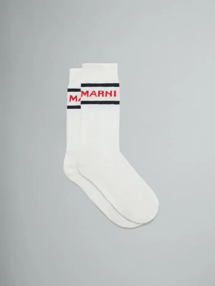 Men Marni Socks White Cotton Socks With Logo Cuffs
