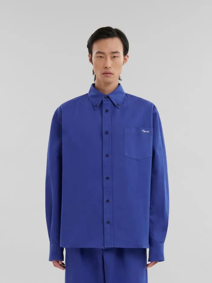 Men Marni Tops and Tshirts Blue Organic Gabardine Shirt With Marni Patch