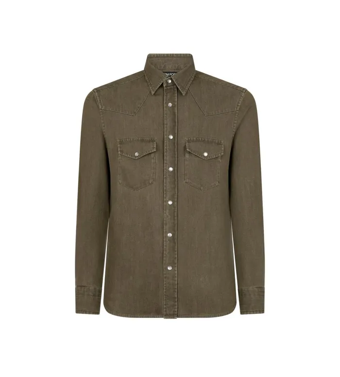 Men Shirts Tom Ford Washed Denim Western Shirt Green