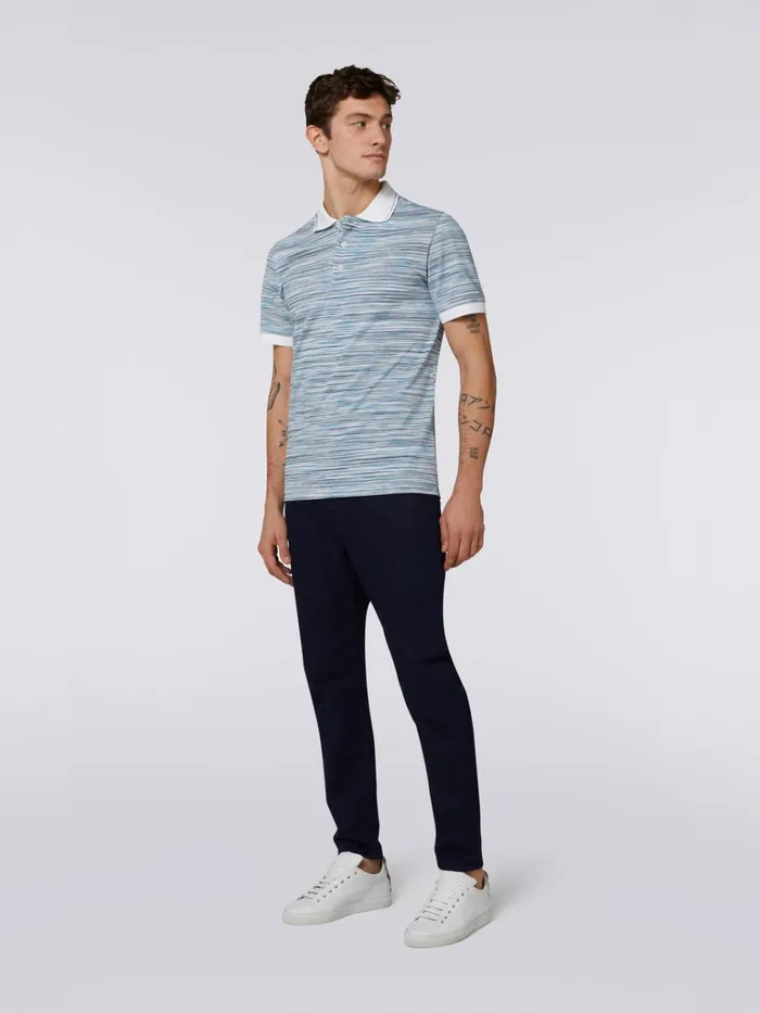 Men Slub Cotton Polo Shirt With Plain Details White and Sky Blue Missoni Polos and Tshirts