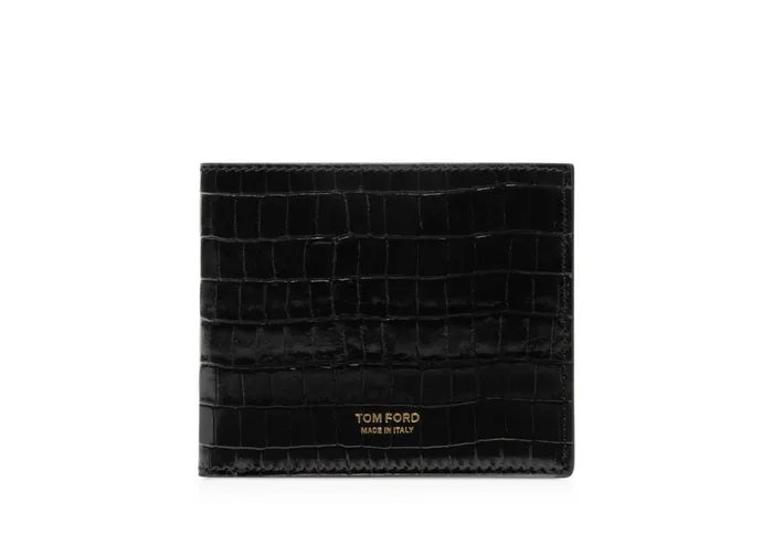 Men Small Leather Goods Tom Ford Glossy Printed Croc Classic Bifold Wallet Black