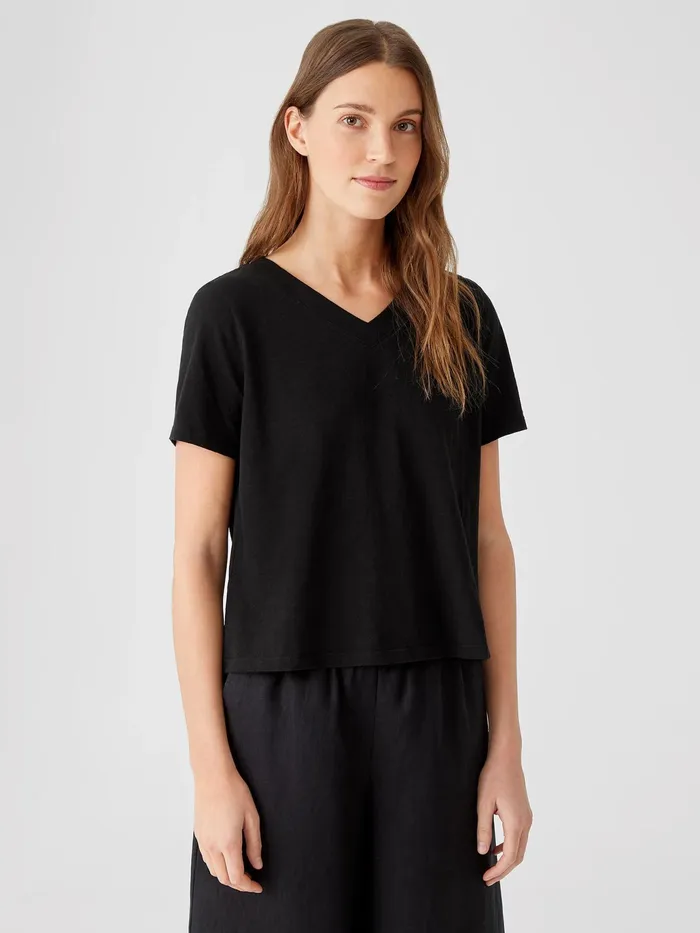 Organic Cotton Slub VNeck Tee Black Women Eileen Fisher Tops and Tees