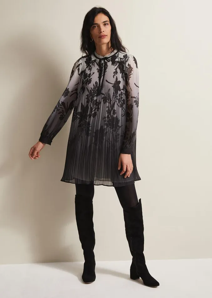 Sally Floral Pleated Swing Mini Dress Grey Women Phase Eight Dresses