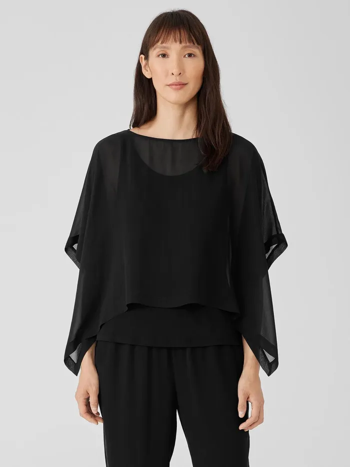 Sheer Silk Georgette Poncho Black Women Eileen Fisher Tops and Tees