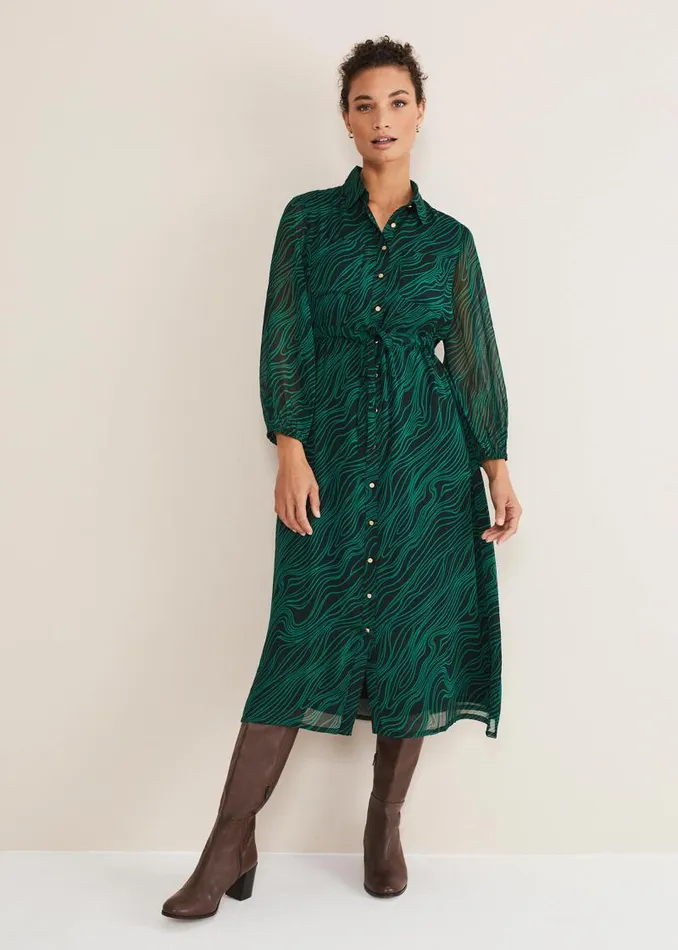 Tana Swirl Chiffon Midi Dress Dark Greenlight Green Women Phase Eight Dresses