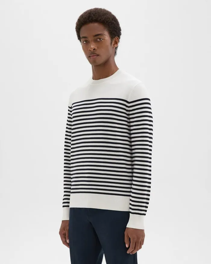Theory Sweaters Cardigans Striped Crewneck Sweater In Merino Wool White Multi 8211 Men