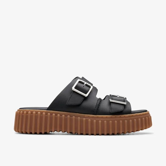 Torhill Slide Black Leather Women Clarks Platforms
