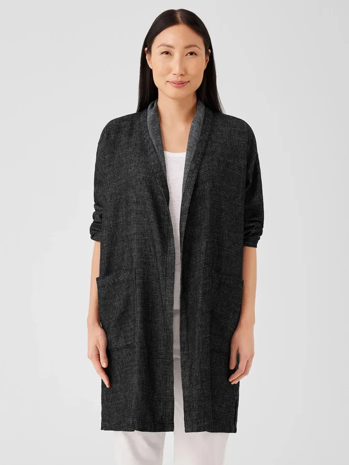 Tweedy Hemp Cotton High Collar Coat Black Women Eileen Fisher Jackets Coats and Vests