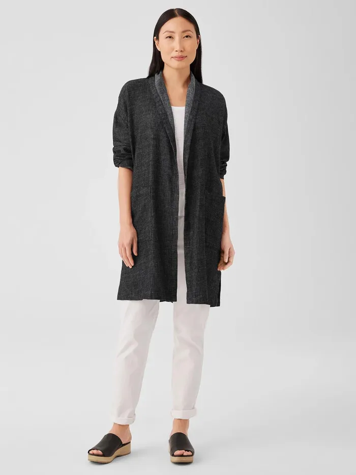 Tweedy Hemp Cotton High Collar Coat Black Women Eileen Fisher Jackets Coats and Vests