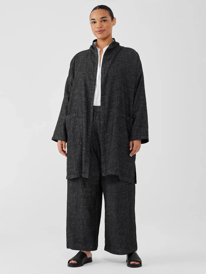 Tweedy Hemp Cotton High Collar Coat Black Women Eileen Fisher Jackets Coats and Vests