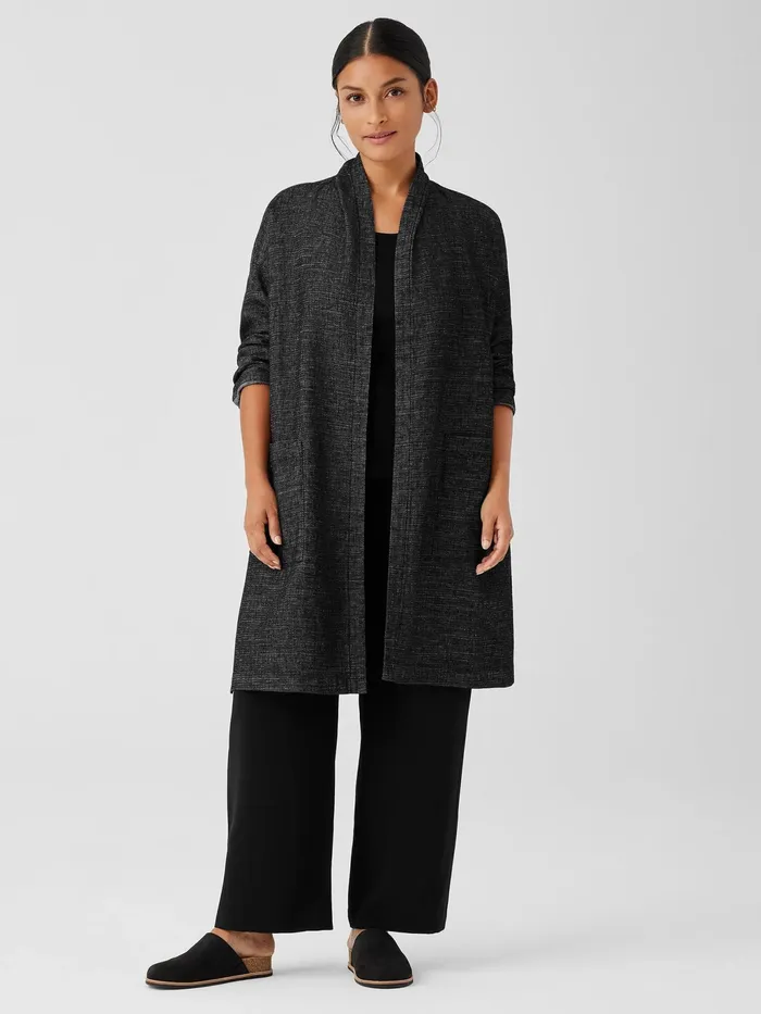Tweedy Hemp Cotton High Collar Coat Black Women Eileen Fisher Jackets Coats and Vests