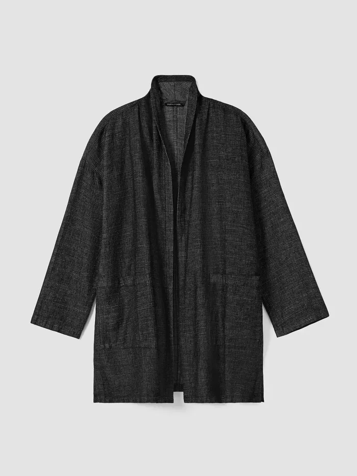 Tweedy Hemp Cotton High Collar Coat Black Women Eileen Fisher Jackets Coats and Vests