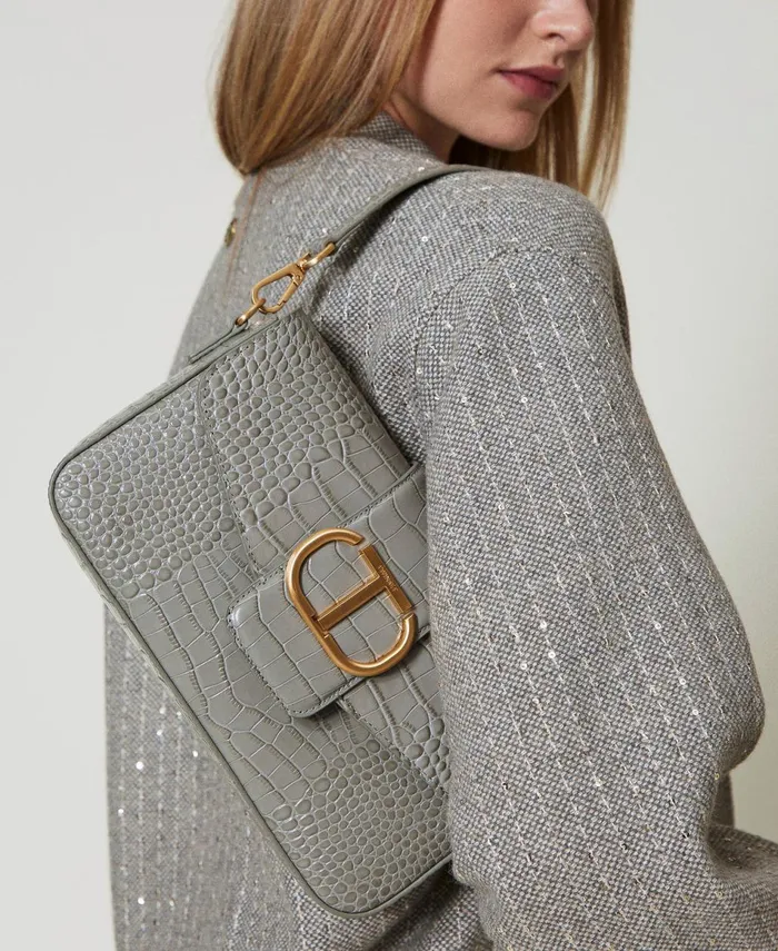 Twinset Amie Medium Croc Print Shoulder Bag Mid Grey Women Handbags Twinset Amie Medium Croc Print Shoulder Bag Mid Grey Women Handbags