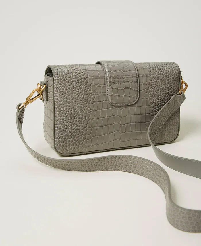 Twinset Amie Medium Croc Print Shoulder Bag Mid Grey Women Handbags Twinset Amie Medium Croc Print Shoulder Bag Mid Grey Women Handbags