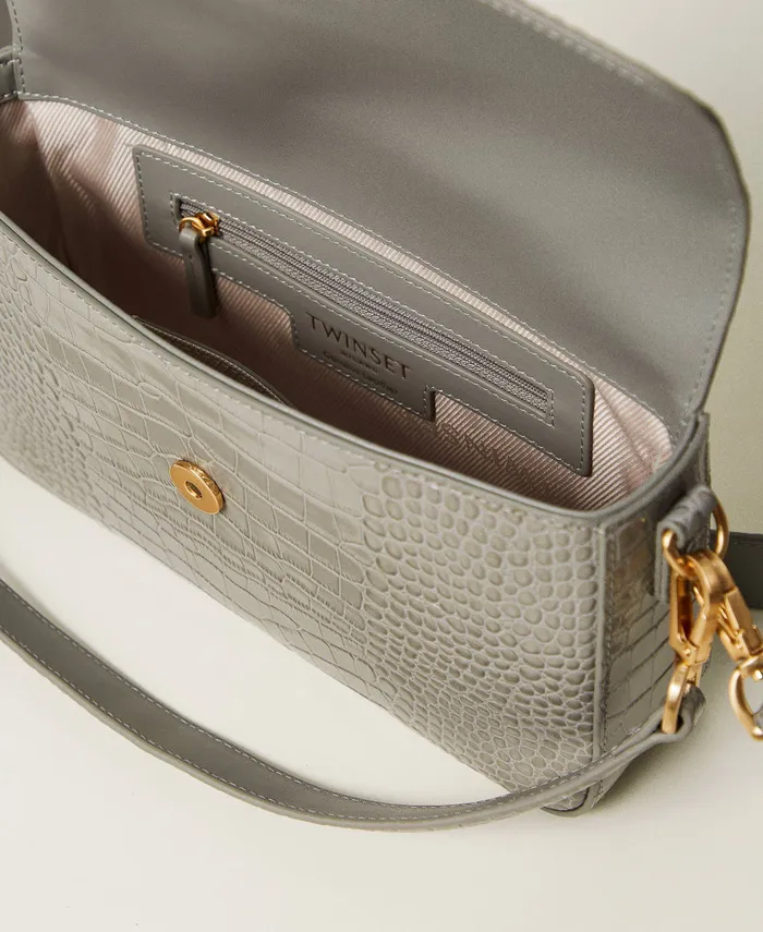 Twinset Amie Medium Croc Print Shoulder Bag Mid Grey Women Handbags Twinset Amie Medium Croc Print Shoulder Bag Mid Grey Women Handbags