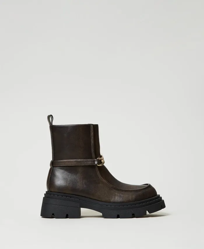 Twinset Ankle Boots With Oval T Clasp Coffee Chocolate Women Boots And Ankle Boots