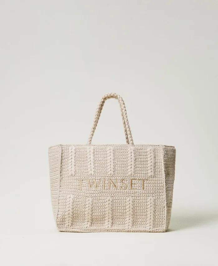 Twinset Bohmienne039 Tricot Shopper Bag With Logo White Cream Women Shopping Bags