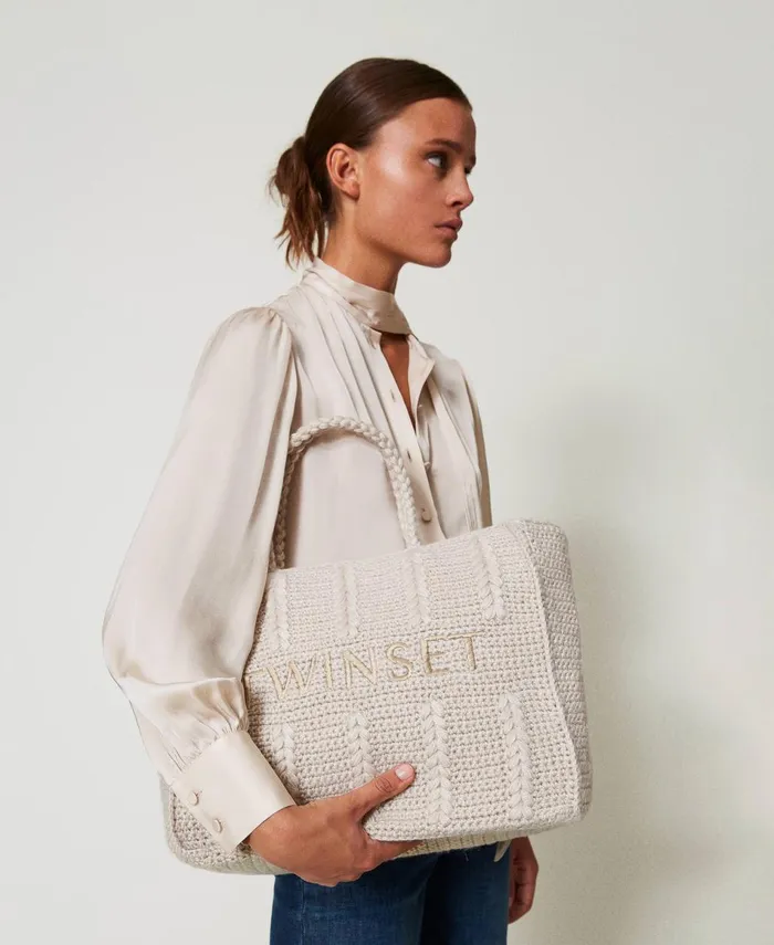 Twinset Bohmienne039 Tricot Shopper Bag With Logo White Cream Women Shopping Bags Twinset Bohmienne039 Tricot Shopper Bag With Logo White Cream Women Shopping Bags