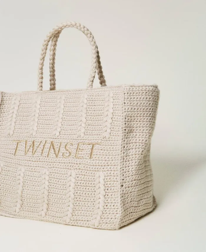 Twinset Bohmienne039 Tricot Shopper Bag With Logo White Cream Women Shopping Bags Twinset Bohmienne039 Tricot Shopper Bag With Logo White Cream Women Shopping Bags