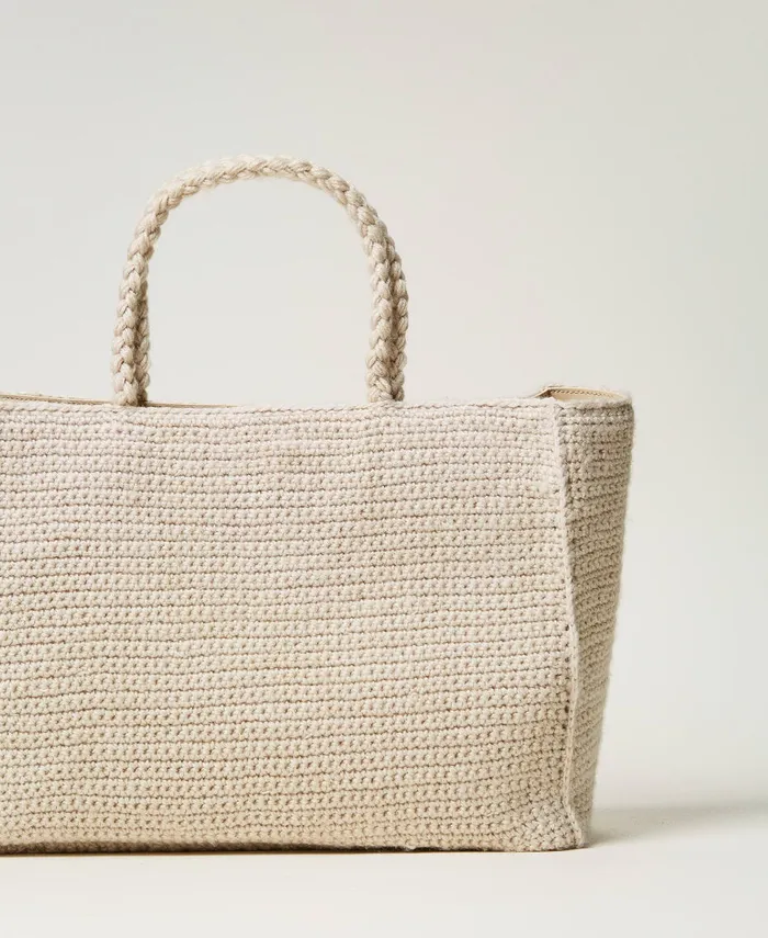 Twinset Bohmienne039 Tricot Shopper Bag With Logo White Cream Women Shopping Bags Twinset Bohmienne039 Tricot Shopper Bag With Logo White Cream Women Shopping Bags