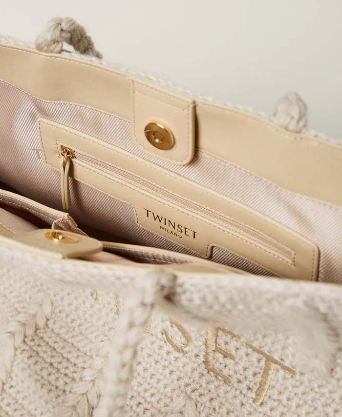 Twinset Bohmienne039 Tricot Shopper Bag With Logo White Cream Women Shopping Bags Twinset Bohmienne039 Tricot Shopper Bag With Logo White Cream Women Shopping Bags