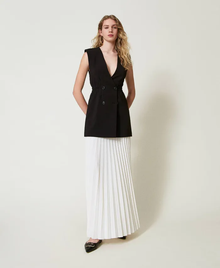 Twinset Crpe Gilet And Long Pleated Skirt Bicolour Black Snow White Women Dresses