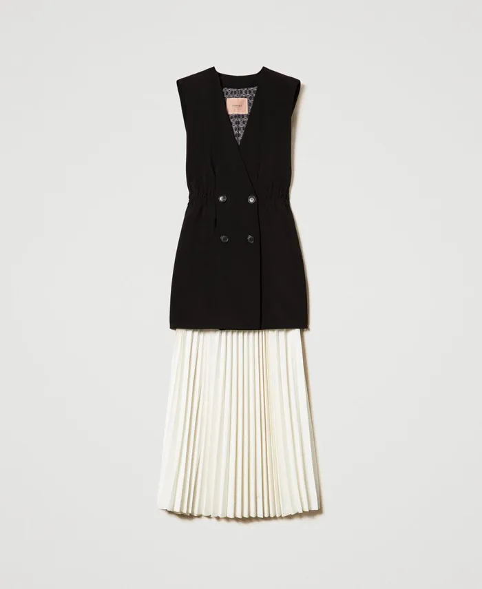 Twinset Crpe Gilet And Long Pleated Skirt Bicolour Black Snow White Women Dresses Twinset Crpe Gilet And Long Pleated Skirt Bicolour Black Snow White Women Dresses