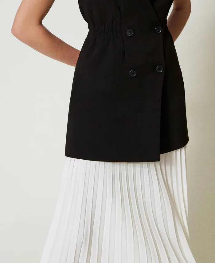 Twinset Crpe Gilet And Long Pleated Skirt Bicolour Black Snow White Women Dresses Twinset Crpe Gilet And Long Pleated Skirt Bicolour Black Snow White Women Dresses