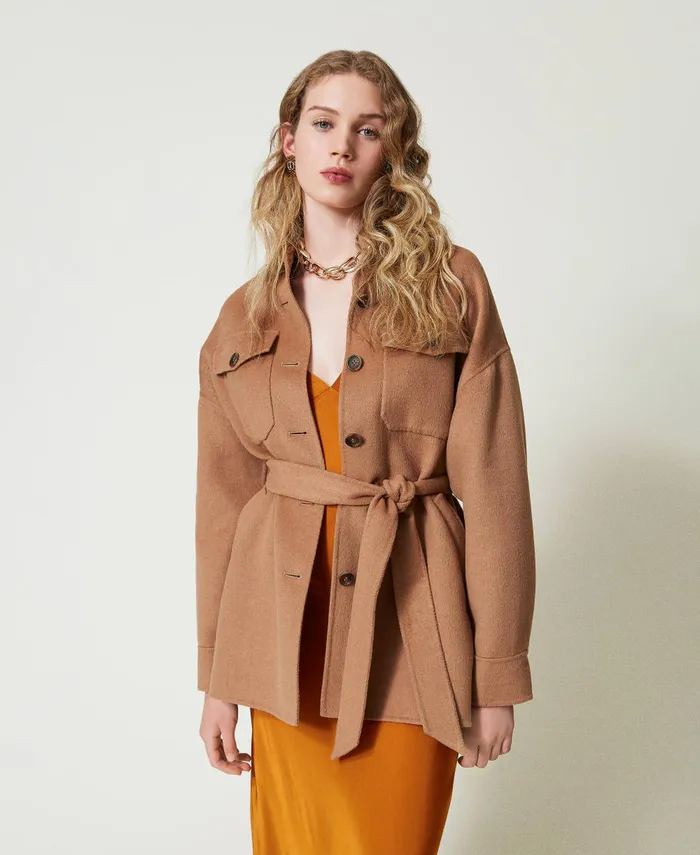 Twinset Doubled Wool Blend Cloth Caban Coat Sandy Brown Women Jackets And Outerwear