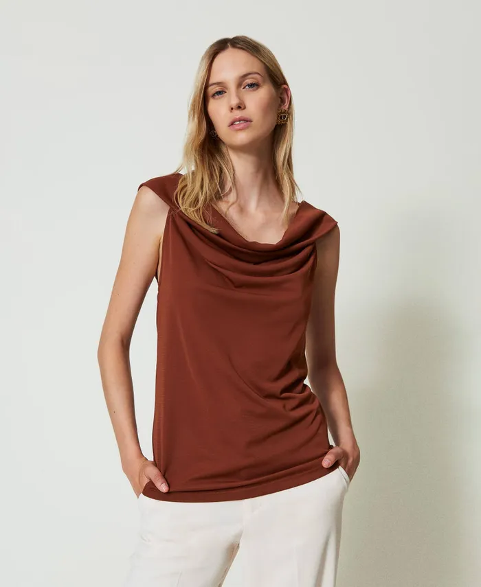 Twinset Draped Neck Top Terra Senese Brown Women TShirts And Tops