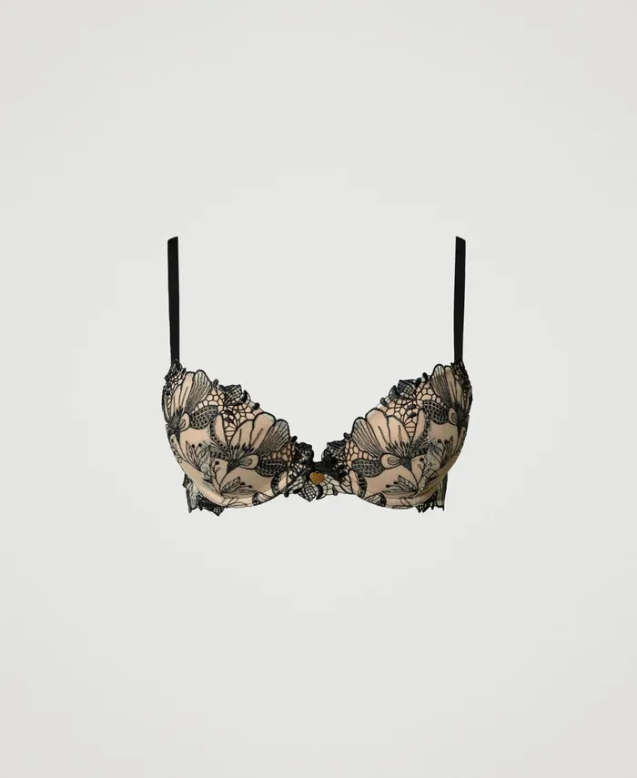 Twinset Embroidered Tulle PushUp Bra Twotone Wonder Beige Black Women Underwear And Nightwear Twinset Embroidered Tulle PushUp Bra Twotone Wonder Beige Black Women Underwear And Nightwear