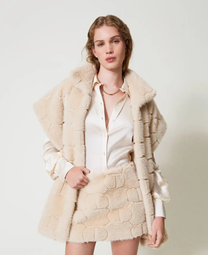 Twinset Faux Fur Miniskirt With Oval T White Cream Women Skirts