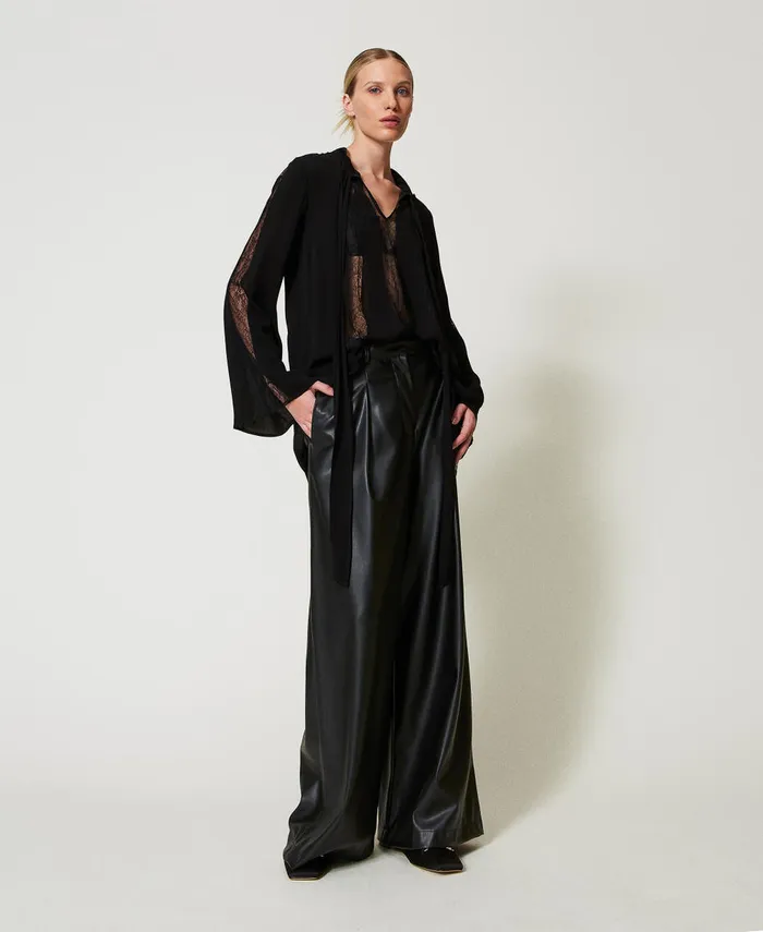 Twinset Faux Leather Wide Leg Trousers Black Women Suits And Sets