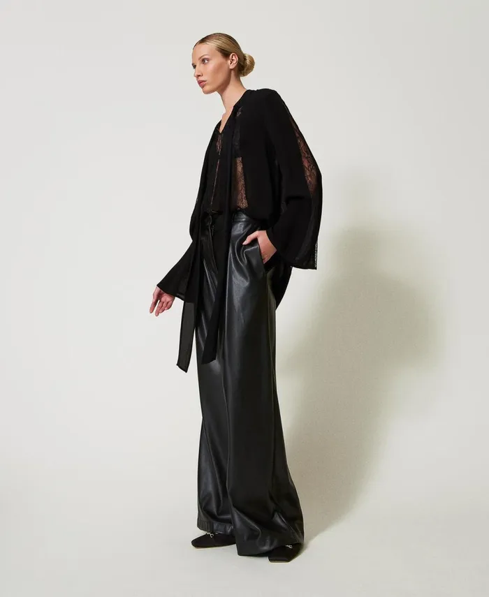 Twinset Faux Leather Wide Leg Trousers Black Women Suits And Sets Twinset Faux Leather Wide Leg Trousers Black Women Suits And Sets