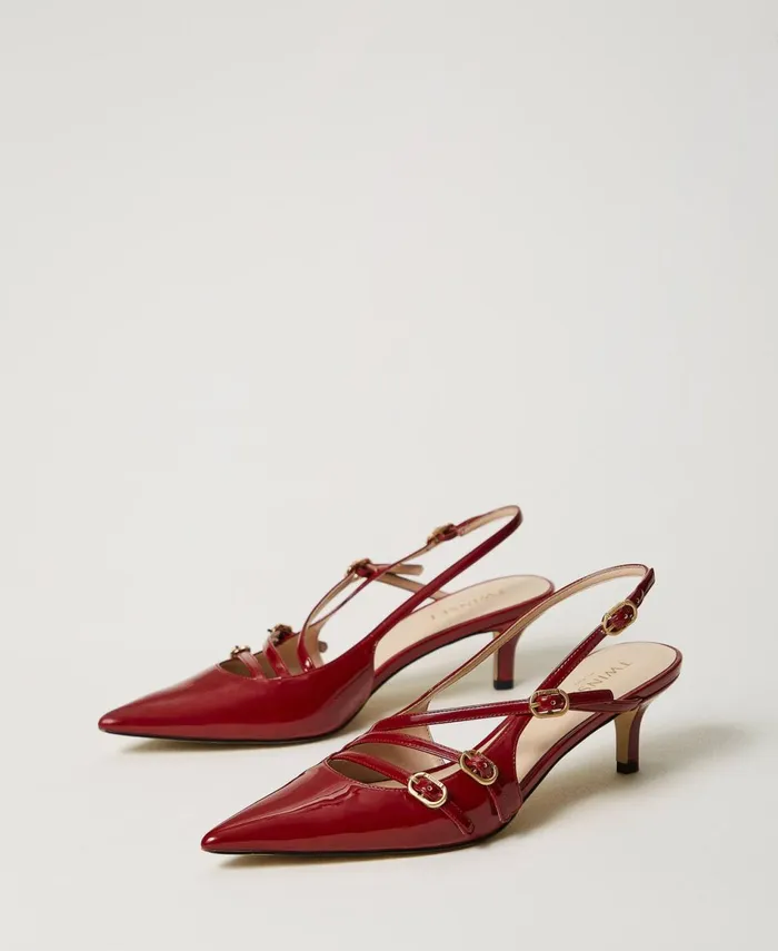 Twinset Faux Patent Leather Sling Back Court Shoes With Straps Pompeiian Red Women Heels Twinset Faux Patent Leather Sling Back Court Shoes With Straps Pompeiian Red Women Heels