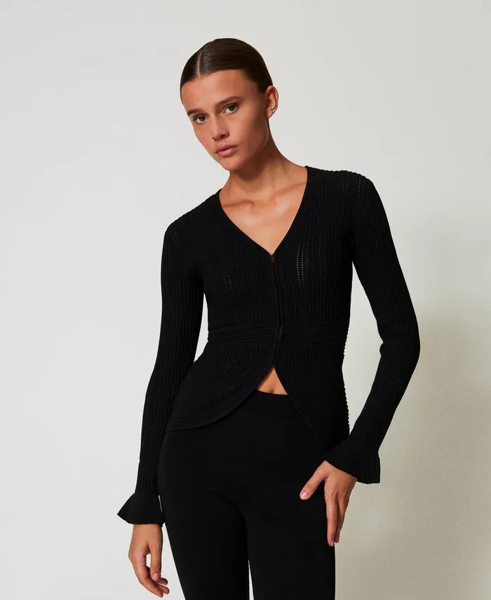 Twinset Fitted Knit Jacket With Mixed Stitches Black Women Jumpers And Cardigans
