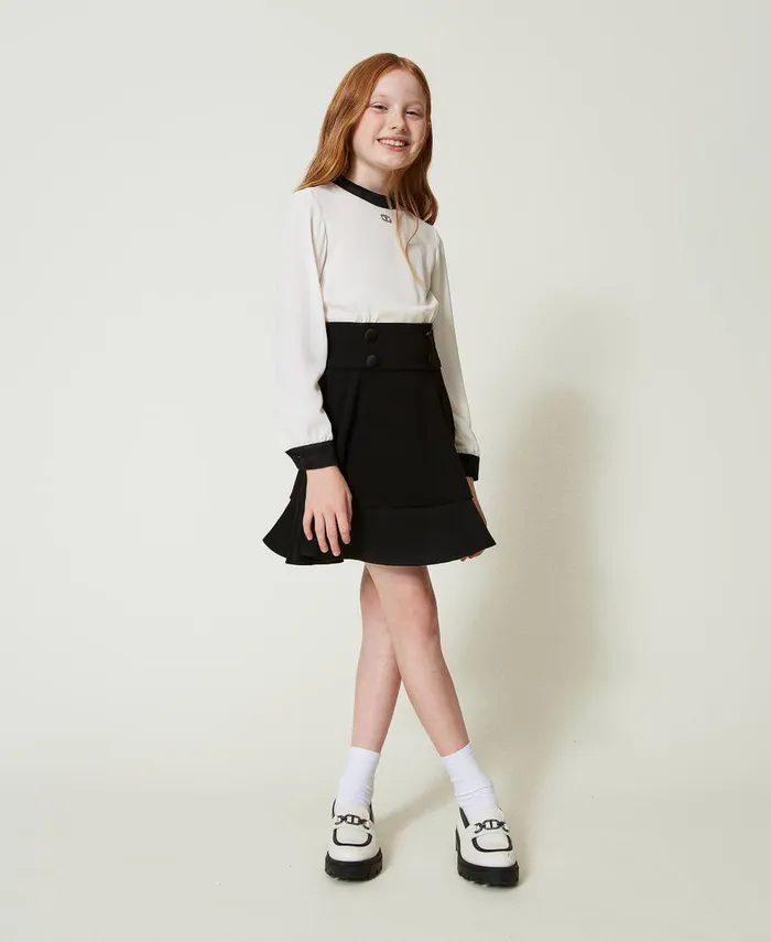 Twinset Flannel And Crpe De Chine Short Dress Bicolour Off White Black Girl Dresses