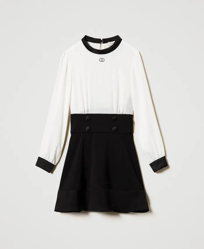 Twinset Flannel And Crpe De Chine Short Dress Bicolour Off White Black Girl Dresses Twinset Flannel And Crpe De Chine Short Dress Bicolour Off White Black Girl Dresses
