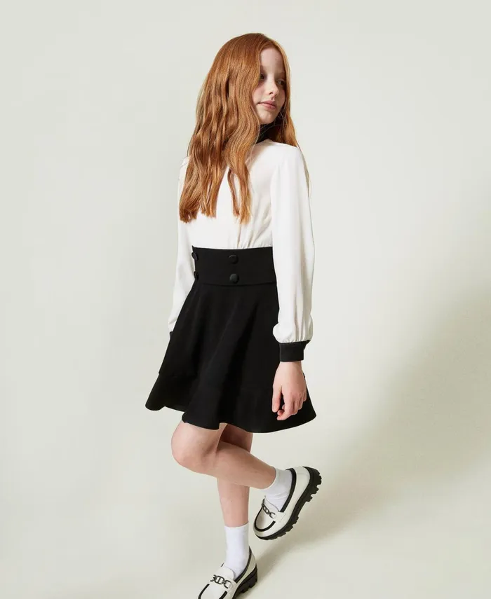 Twinset Flannel And Crpe De Chine Short Dress Bicolour Off White Black Girl Dresses Twinset Flannel And Crpe De Chine Short Dress Bicolour Off White Black Girl Dresses