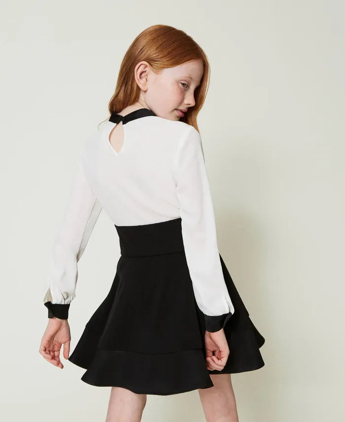Twinset Flannel And Crpe De Chine Short Dress Bicolour Off White Black Girl Dresses Twinset Flannel And Crpe De Chine Short Dress Bicolour Off White Black Girl Dresses