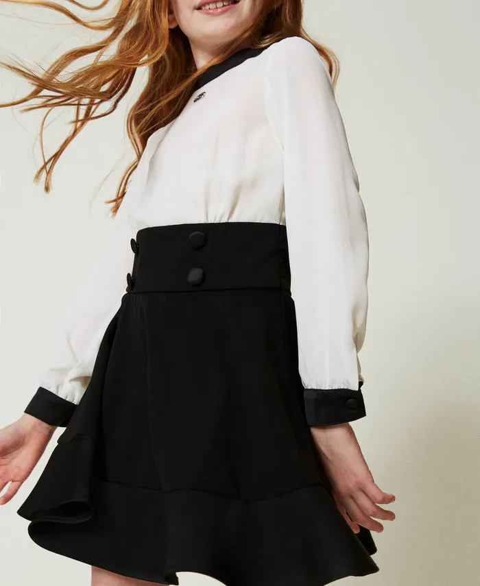 Twinset Flannel And Crpe De Chine Short Dress Bicolour Off White Black Girl Dresses Twinset Flannel And Crpe De Chine Short Dress Bicolour Off White Black Girl Dresses
