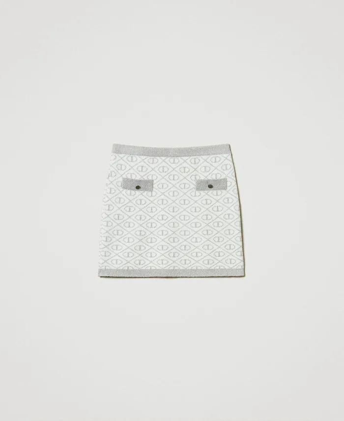Twinset Jacquard Knit Short Skirt With Oval T Twotone Off White Metallic Silver Girl Skirts