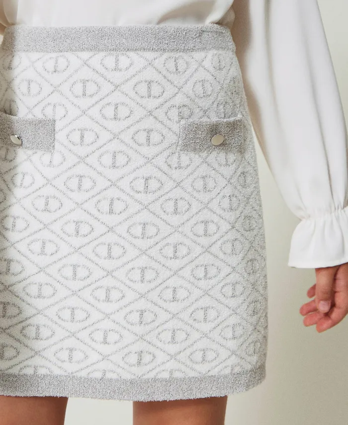 Twinset Jacquard Knit Short Skirt With Oval T Twotone Off White Metallic Silver Girl Skirts