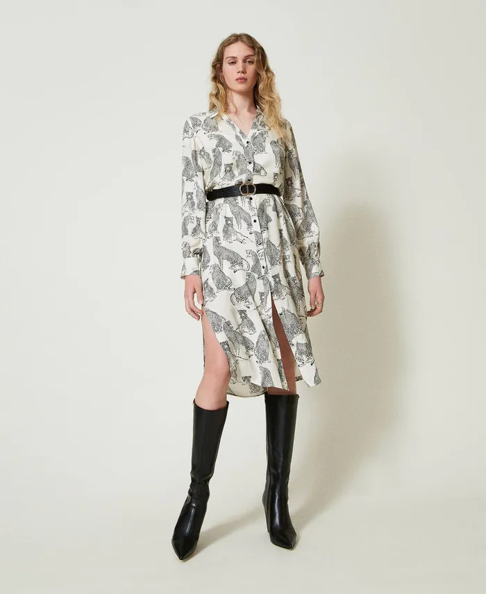 Twinset Jacquard Midi Dress With Jaguar Print Black Snow White Jaguar Print Women Dresses