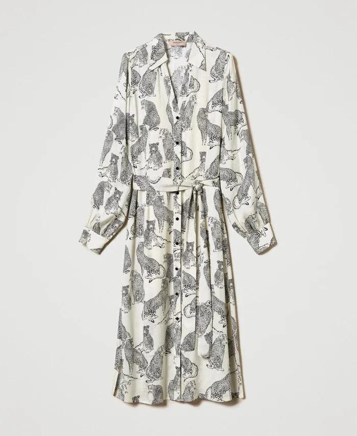 Twinset Jacquard Midi Dress With Jaguar Print Black Snow White Jaguar Print Women Dresses Twinset Jacquard Midi Dress With Jaguar Print Black Snow White Jaguar Print Women Dresses