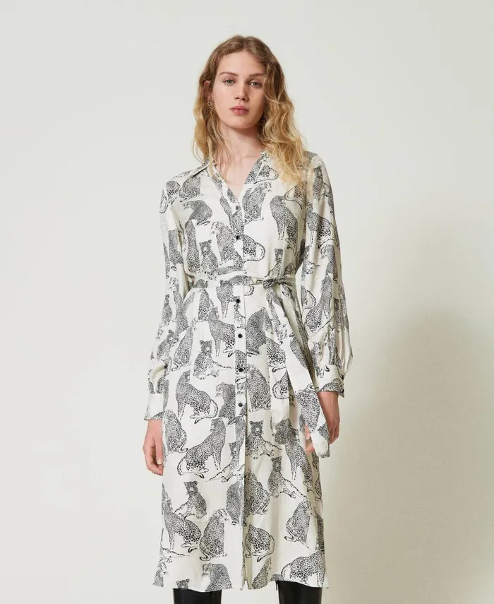 Twinset Jacquard Midi Dress With Jaguar Print Black Snow White Jaguar Print Women Dresses Twinset Jacquard Midi Dress With Jaguar Print Black Snow White Jaguar Print Women Dresses