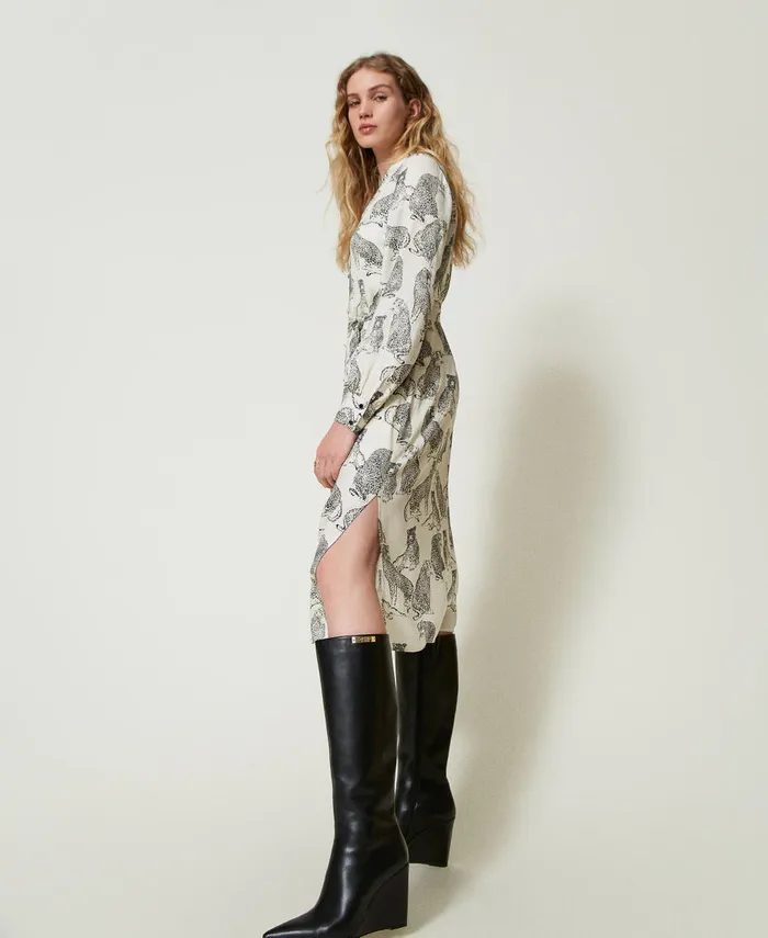 Twinset Jacquard Midi Dress With Jaguar Print Black Snow White Jaguar Print Women Dresses Twinset Jacquard Midi Dress With Jaguar Print Black Snow White Jaguar Print Women Dresses