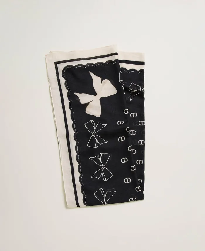 Twinset Kefiah With Bow And Logo Print Black White Cream Bow Print Women Scarves