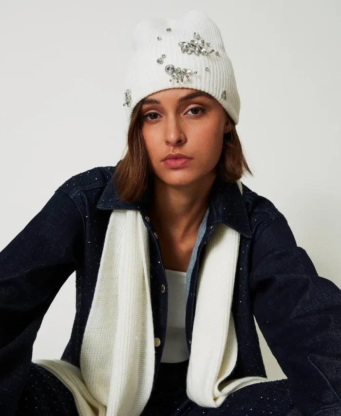 Twinset Knit Beanie With Embroidery White Cream Women Hats Twinset Knit Beanie With Embroidery White Cream Women Hats