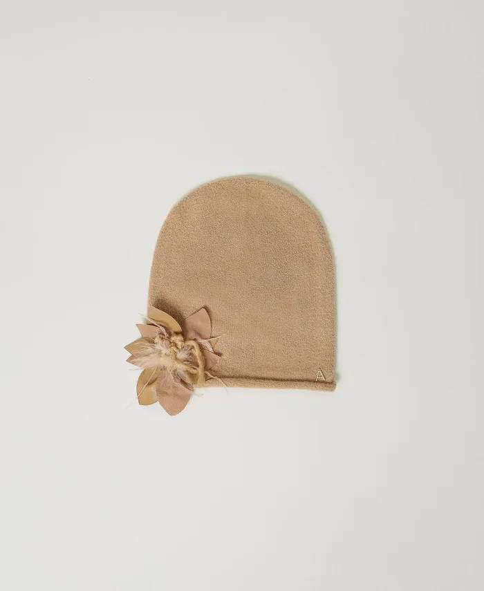 Twinset Knit Beanie With Floral Brooch Sesame Beige Women Hats